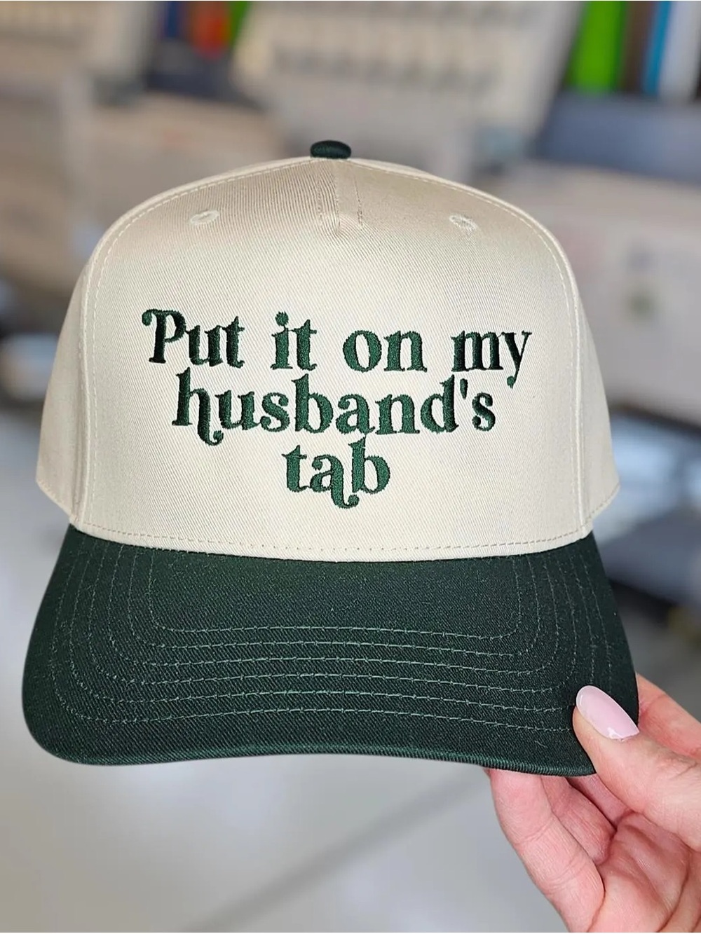 NWOT Cream and Dark Green 'Put it on my husband's tab' Trucker Hat